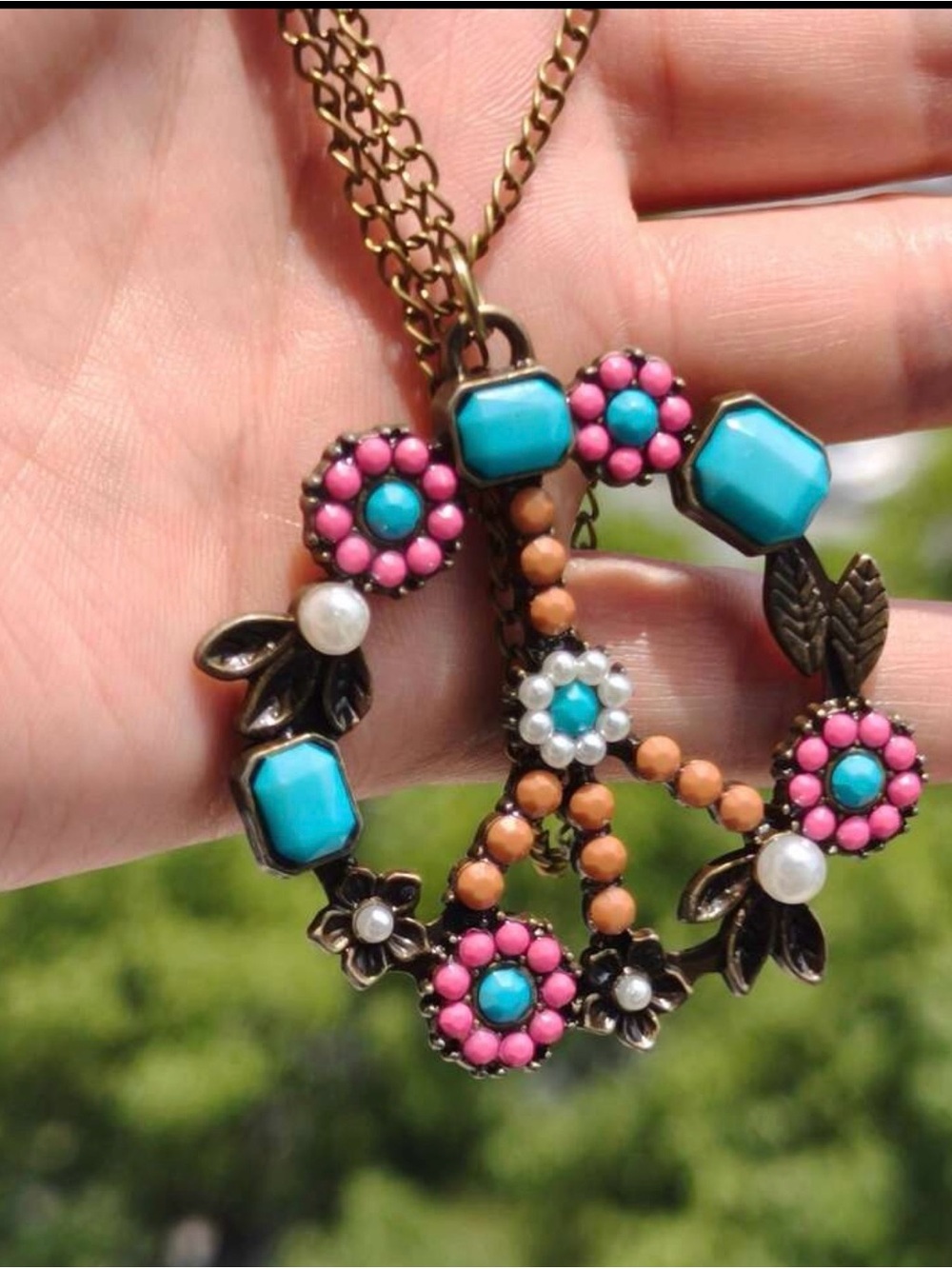 Floral Turquoise & Pink Pendant Necklace - Women Jewelry